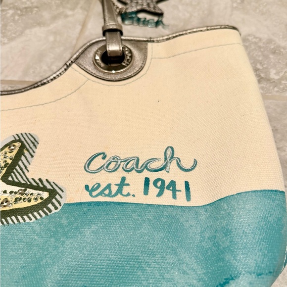COACH Canvas Tote Bag | Starfish Print | Silver Leather Trim - Picture 5 of 14